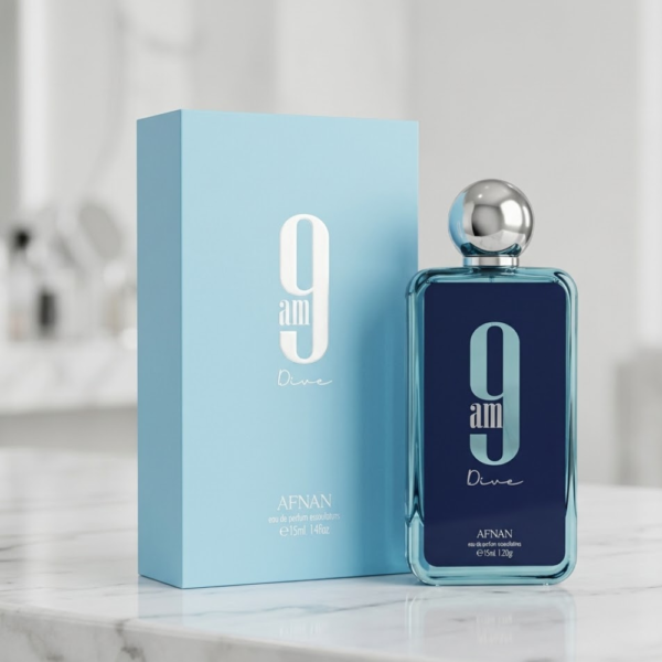 Perfume Afnan 9 AM Dive frasco azul con caja elegante sobre superficie blanca