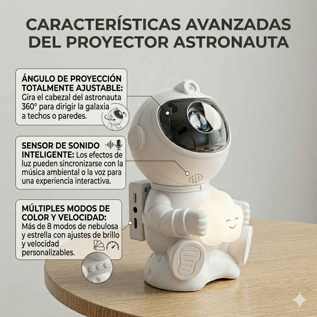 Proyector de galaxia con forma de astronauta blanco sosteniendo una nube iluminada sobre una mesa de madera.