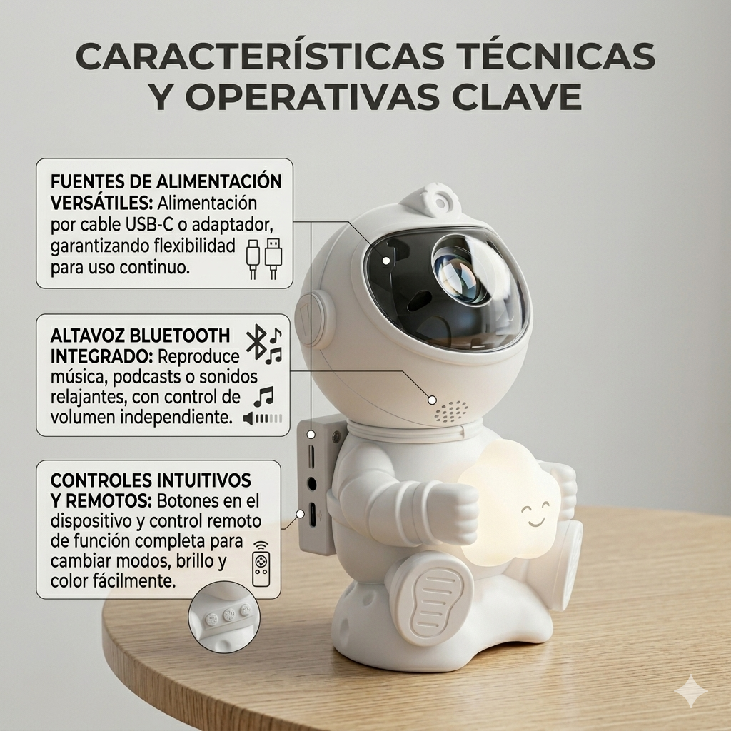 Proyector de galaxia con forma de astronauta blanco sosteniendo una nube iluminada sobre una mesa de madera.