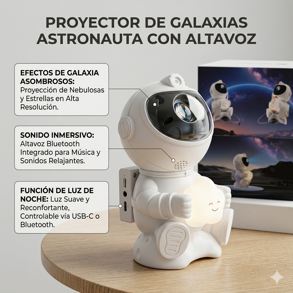 Proyector de galaxia con forma de astronauta blanco sosteniendo una nube iluminada sobre una mesa de madera.