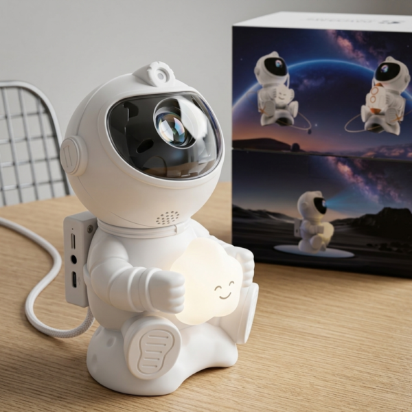 Proyector de galaxia con forma de astronauta blanco sosteniendo una nube iluminada sobre una mesa de madera.