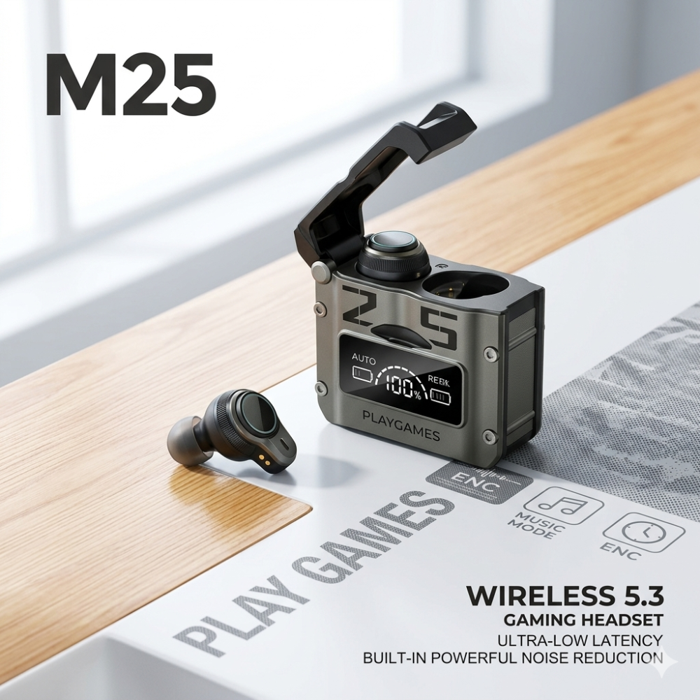 Auriculares Gaming M25 color gris espacial con estuche de carga metálico y pantalla LED de batería.