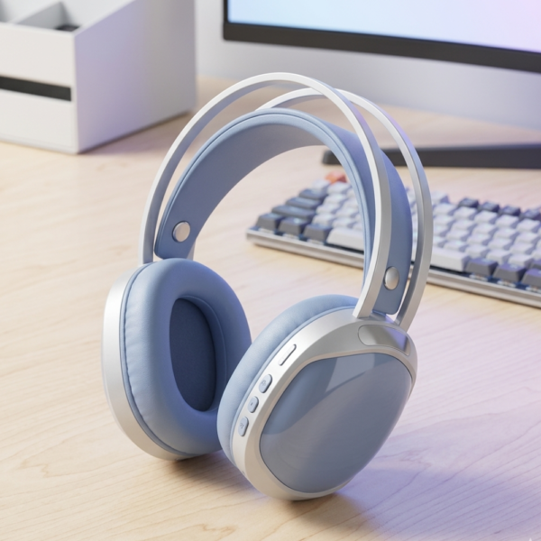 Auriculares de vincha tipo Bluetooth PG920 color celeste sobre escritorio de madera con teclado mecánico de fondo.