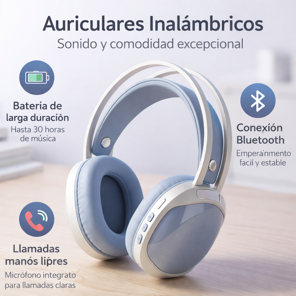 Auriculares de vincha tipo Bluetooth PG920 color celeste sobre escritorio de madera con teclado mecánico de fondo.