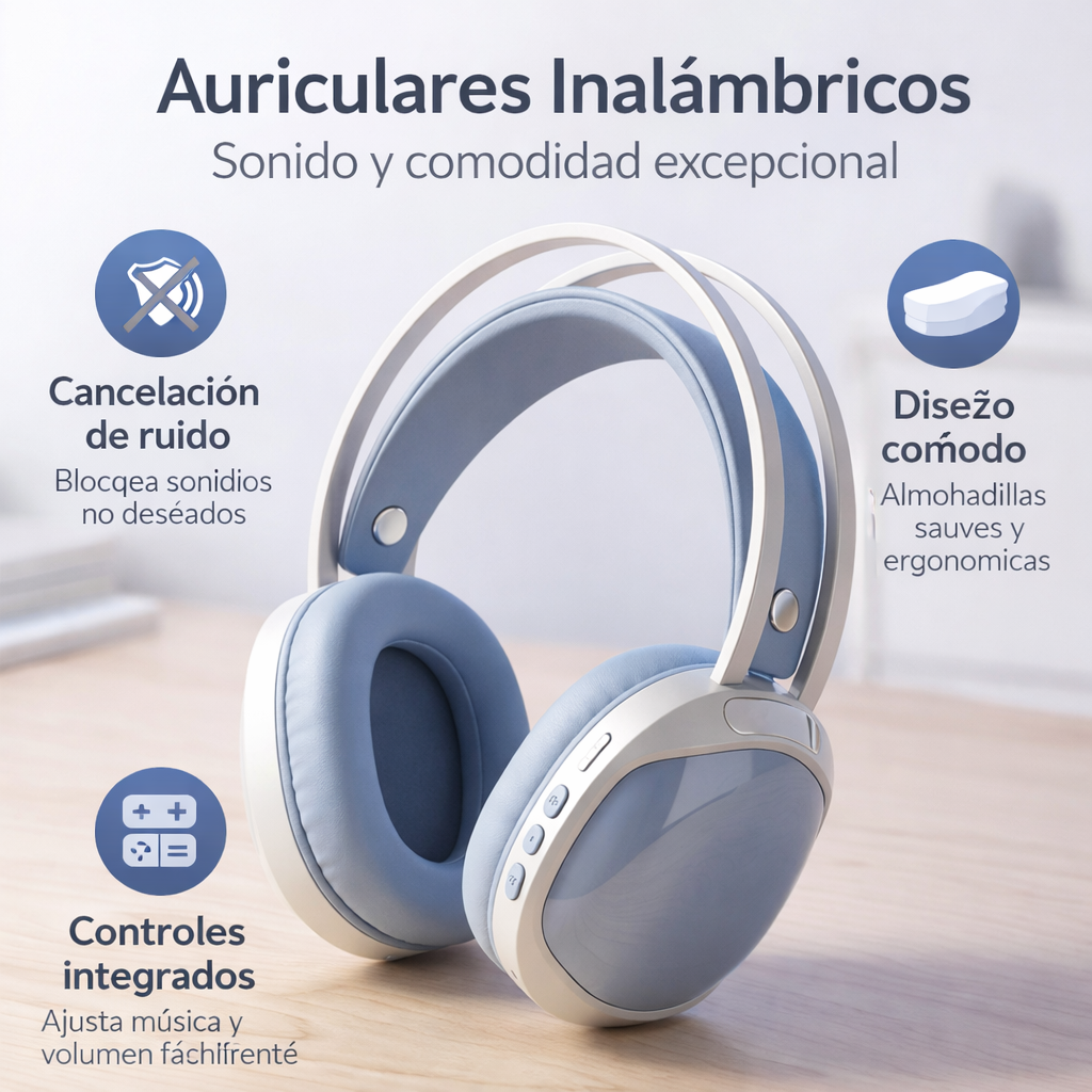 Auriculares de vincha tipo Bluetooth PG920 color celeste sobre escritorio de madera con teclado mecánico de fondo.