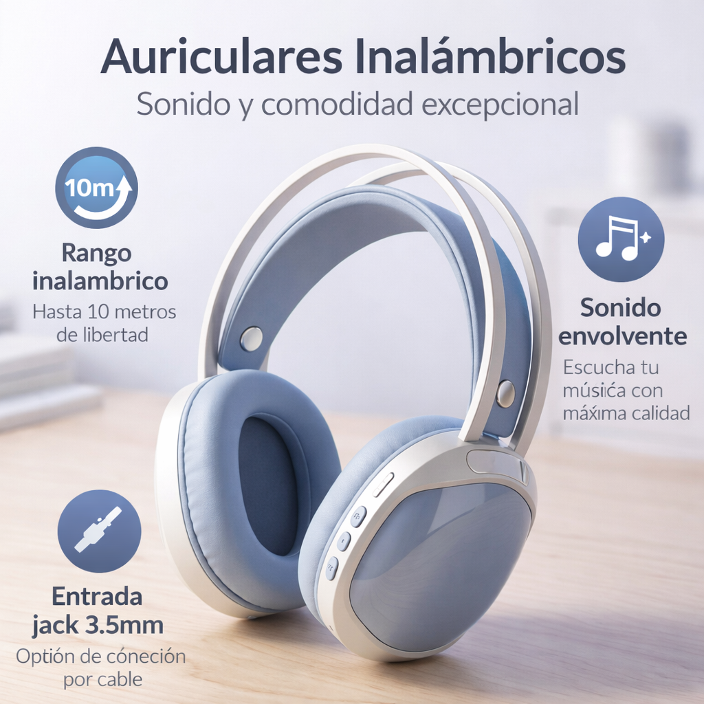 Auriculares de vincha tipo Bluetooth PG920 color celeste sobre escritorio de madera con teclado mecánico de fondo.