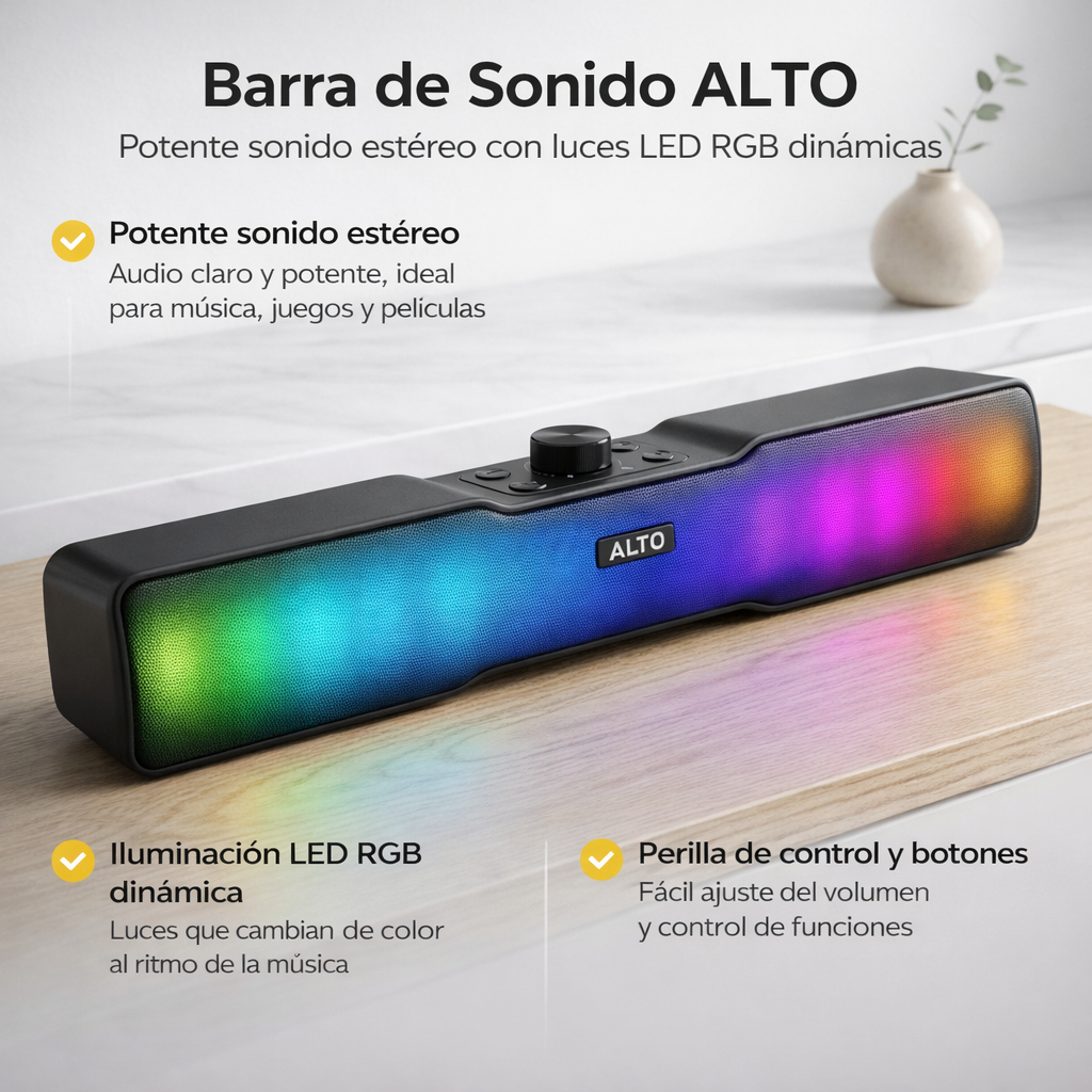 Barra de sonido marca Alto con iluminación RGB sobre escritorio de madera.