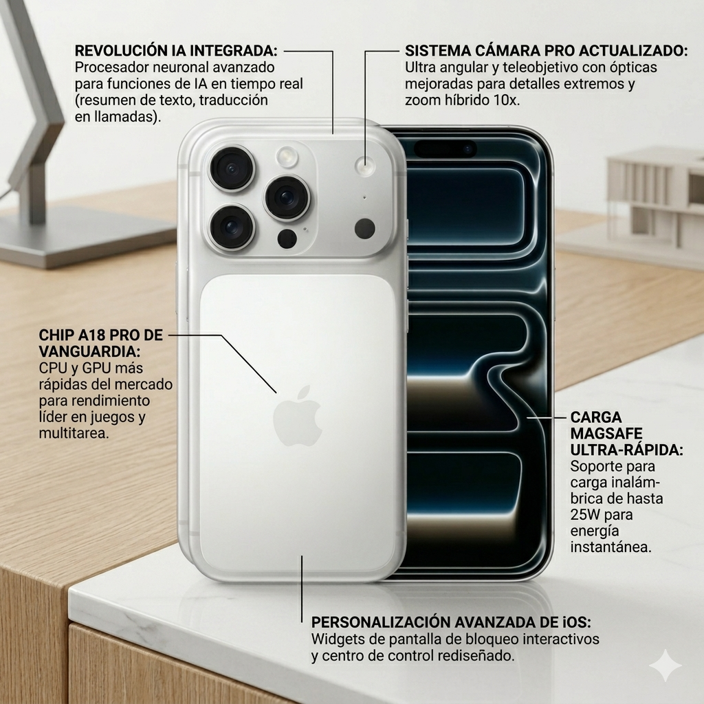 iPhone 17 Pro 256GB color blanco visto de frente y dorso con sistema de triple cámara.