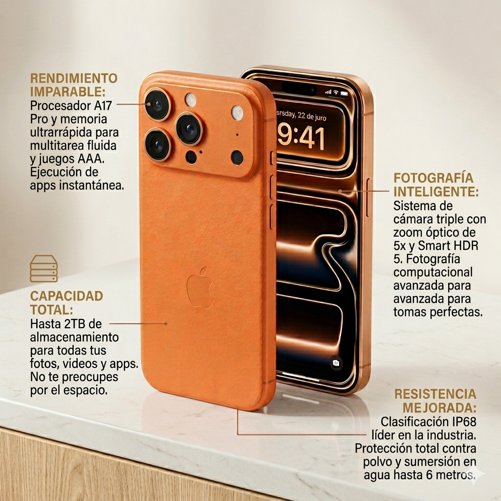iPhone 17 Pro Max color naranja con triple cámara y acabado en titanio.