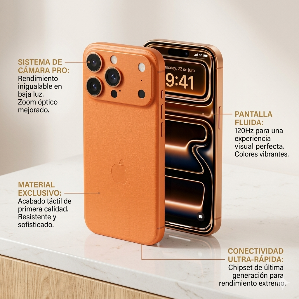 iPhone 17 Pro Max color naranja con triple cámara y acabado en titanio.