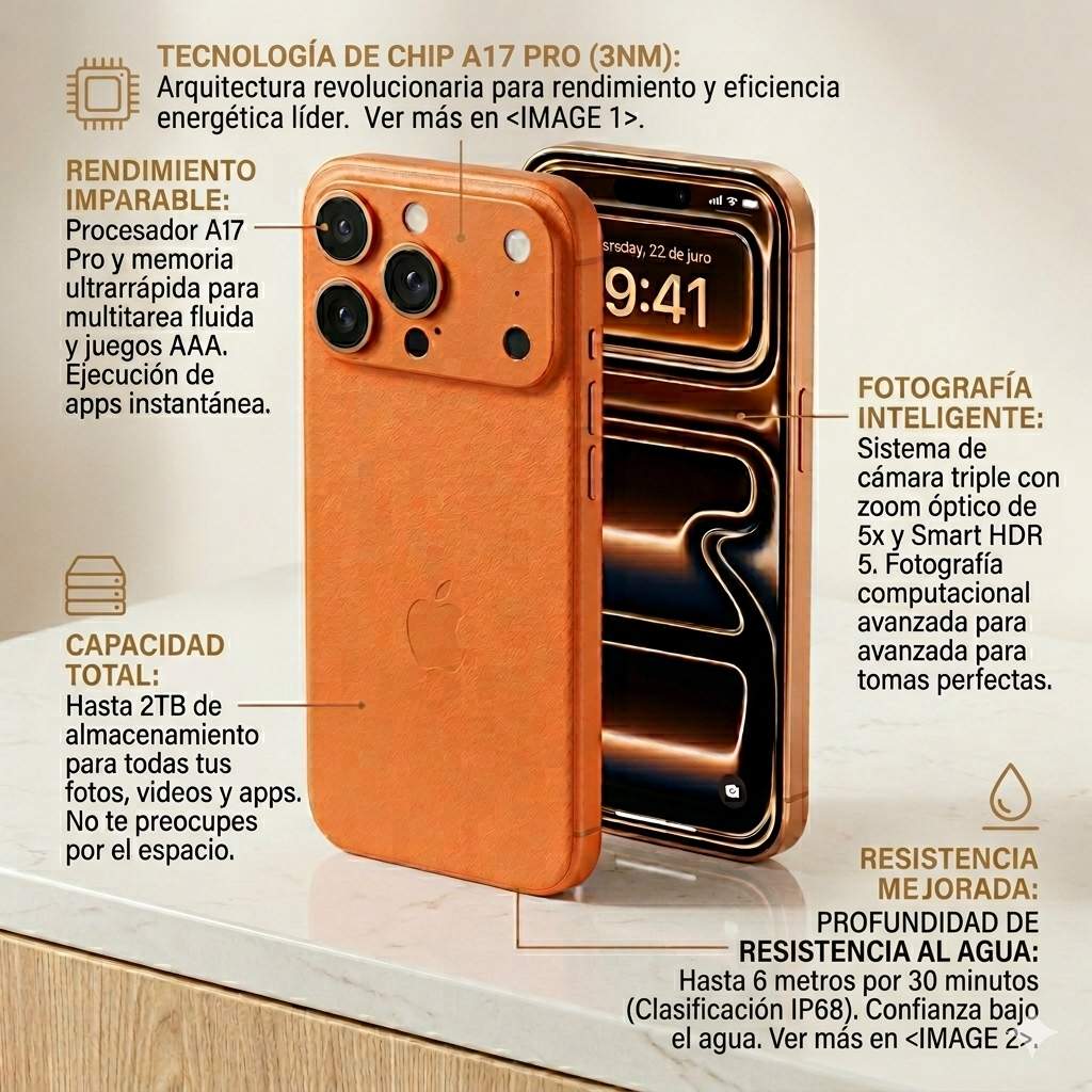 iPhone 17 Pro Max color naranja con triple cámara y acabado en titanio.