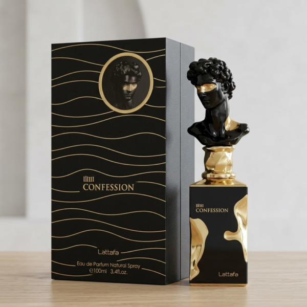 Frasco de perfume Mis Confession Black de Al Wataniah 100ml color negro y dorado elegante.