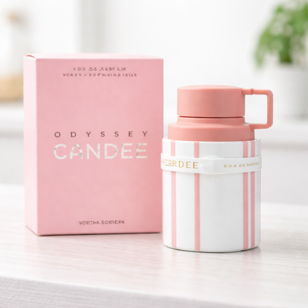 Frasco de perfume Odyssey Candee de Armaf en su diseño circular característico sobre fondo vibrante.