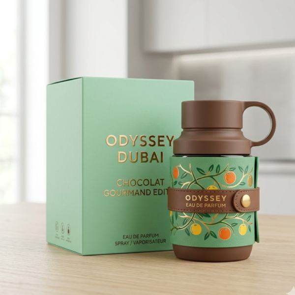 Frasco de perfume Odyssey Dubai Chocolate de Armaf en color marrón oscuro con detalles dorados.