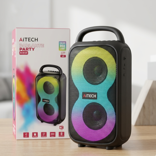 Parlante portátil AiTech Party AI-8120 negro con luces LED circulares de colores y manija de transporte.