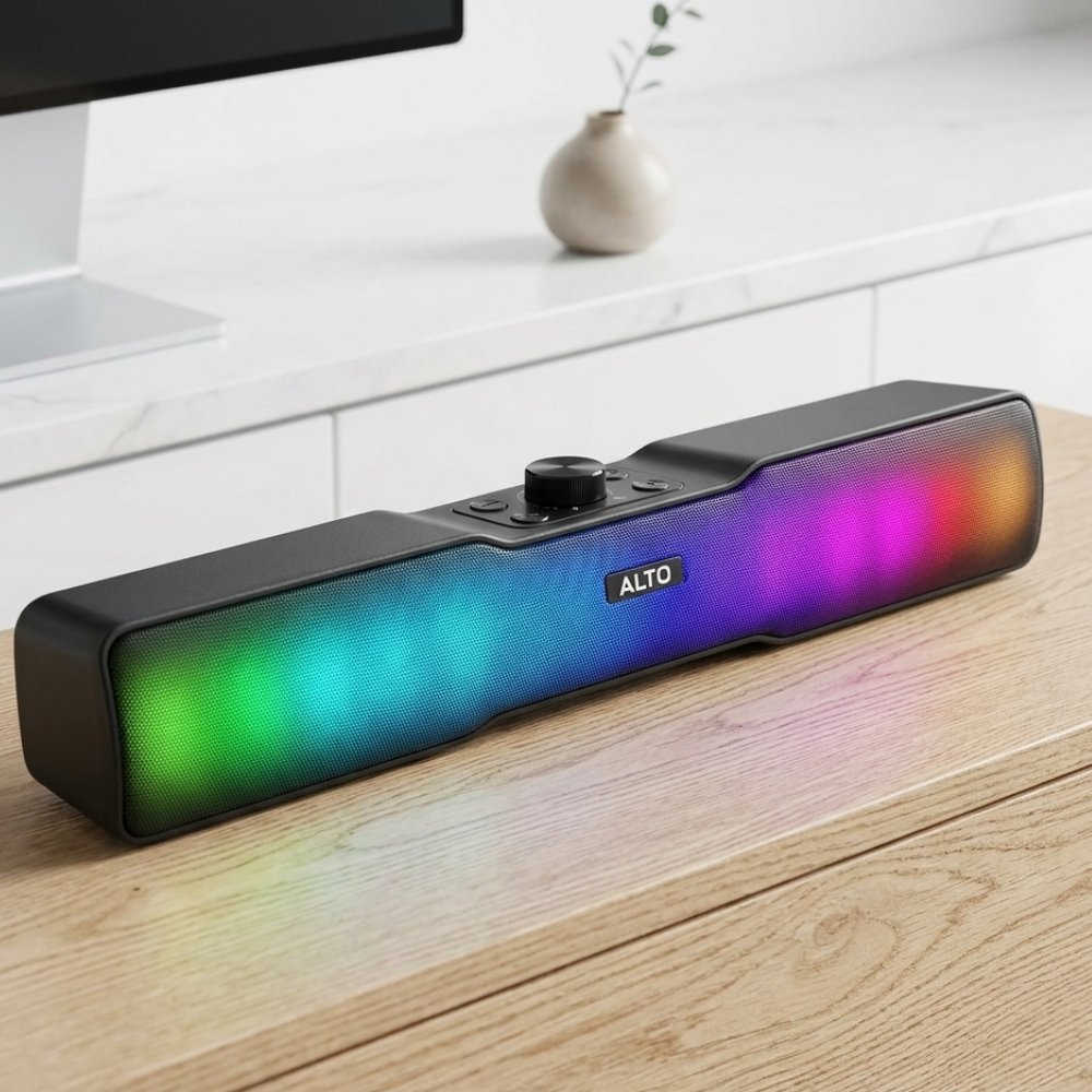 Barra de sonido marca Alto con iluminación RGB sobre escritorio de madera.