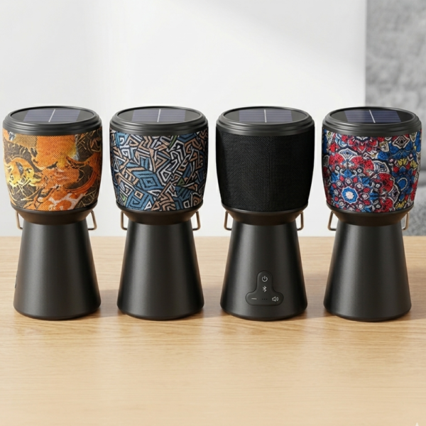 Cuatro modelos de parlantes portátiles con panel solar superior y base negra sobre mesa de madera.