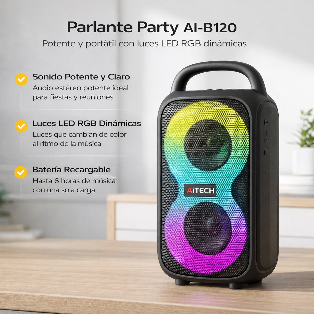 Parlante portátil AiTech Party AI-8120 negro con luces LED circulares de colores y manija de transporte.
