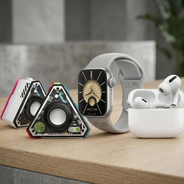 Set de tecnología de Merlin Hogar con reloj inteligente gris, auriculares in-ear blancos y parlantes triangulares de diseño.