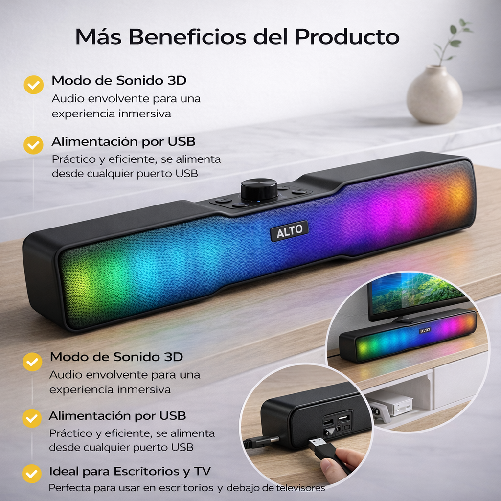 Barra de sonido marca Alto con iluminación RGB sobre escritorio de madera.