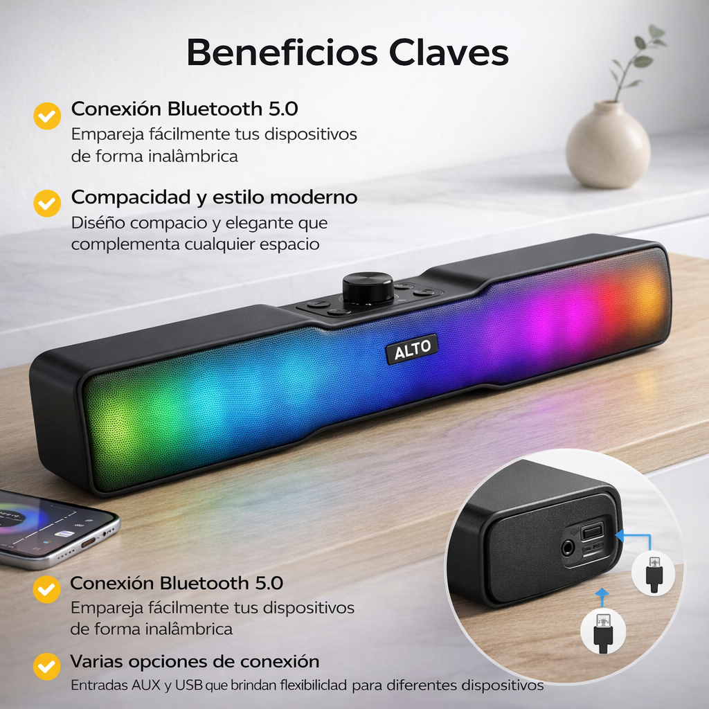 Barra de sonido marca Alto con iluminación RGB sobre escritorio de madera.