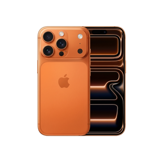 Nuevo iPhone 17 Pro color naranja visto por detrás mostrando sus tres cámaras y acabado en titanio.