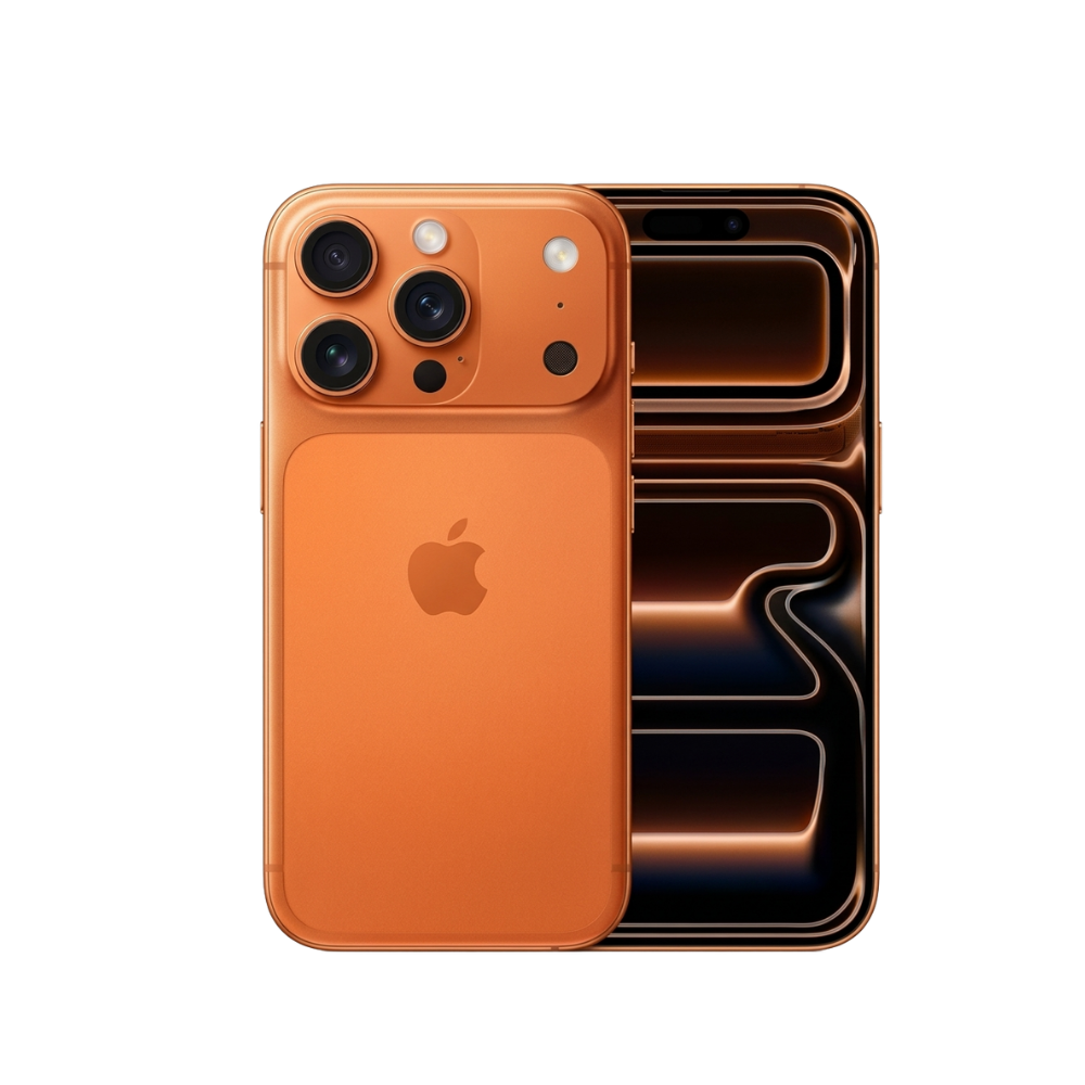 Nuevo iPhone 17 Pro color naranja visto por detrás mostrando sus tres cámaras y acabado en titanio.